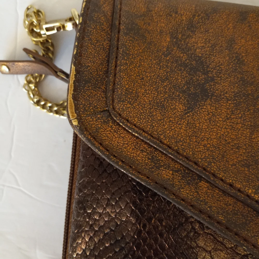 Danielle Nicole clutch crossbody bronze metallic reptile texrure chain s…